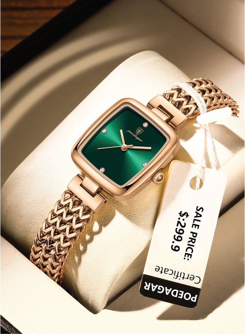 POEDAGAR ساعة كوارتز ذهبية وردية للنساء من POEDAGAR مع قرص أخضر وسوار من الفولاذ المقاوم للصدأ - 768 - Image 2